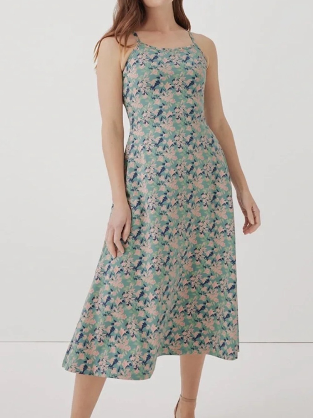 Pact Organic Cotton Fit & Flare Dress Mint Green Pink Retro Floral Midi-Small